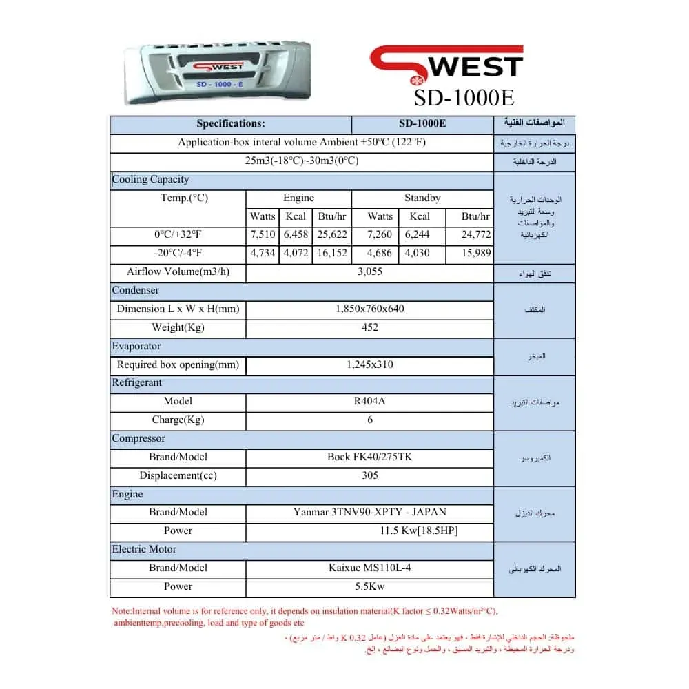 ورقة مواصفات — وحدة تبريد SWEST طراز SD-1000E