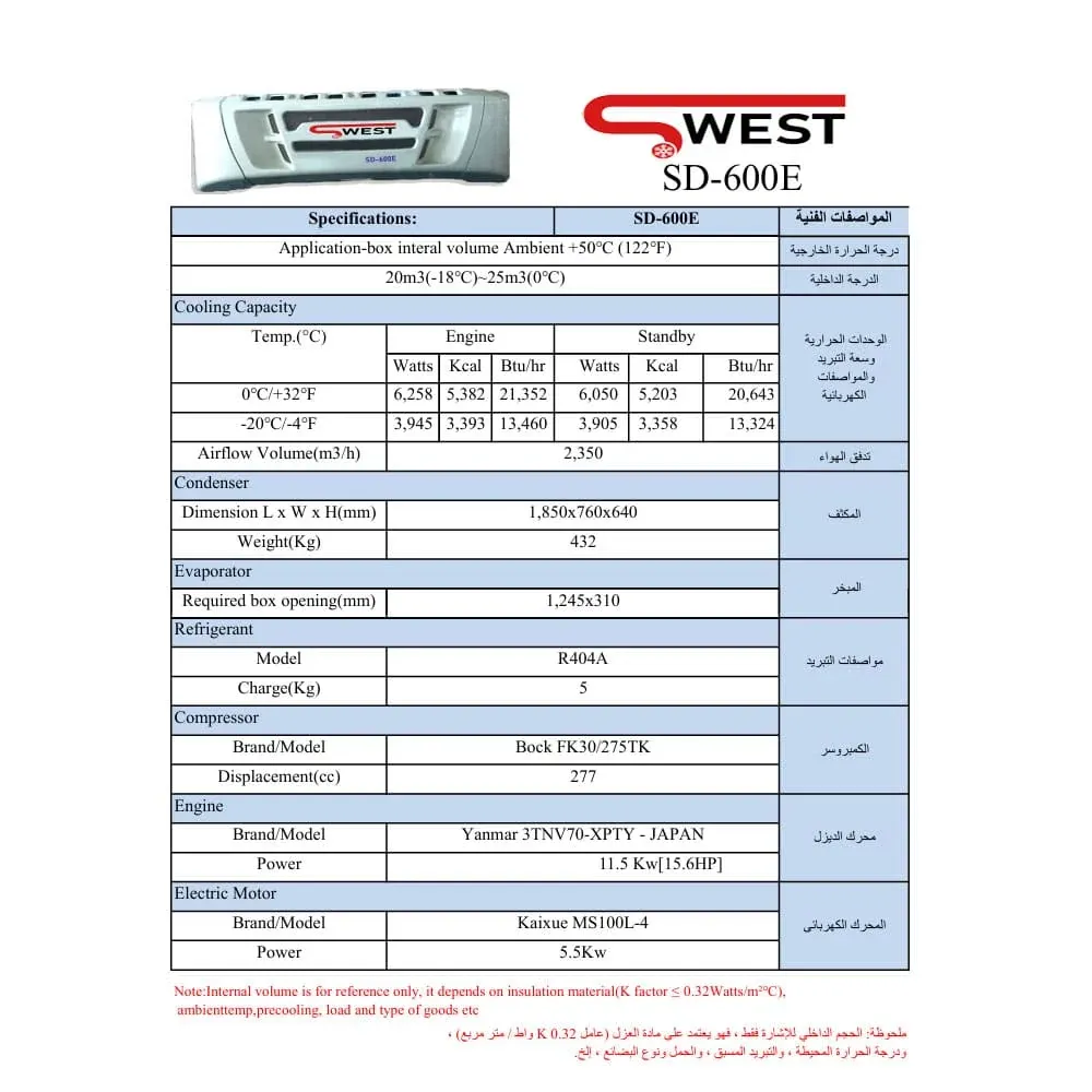 ورقة مواصفات — وحدة تبريد SWEST طراز SD-600E
