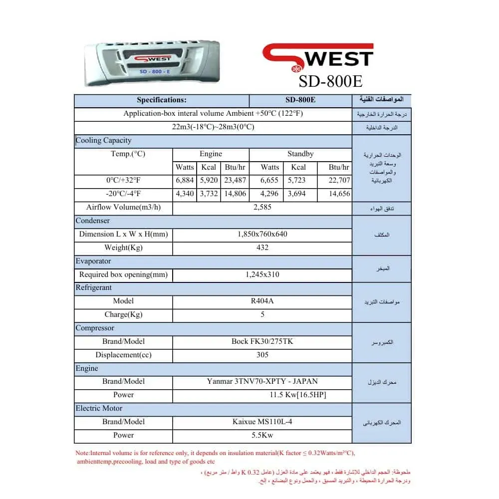 ورقة مواصفات — وحدة تبريد SWEST طراز SD-800E