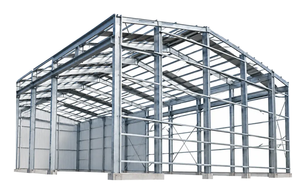 A steel warehouse hangar structure under construction