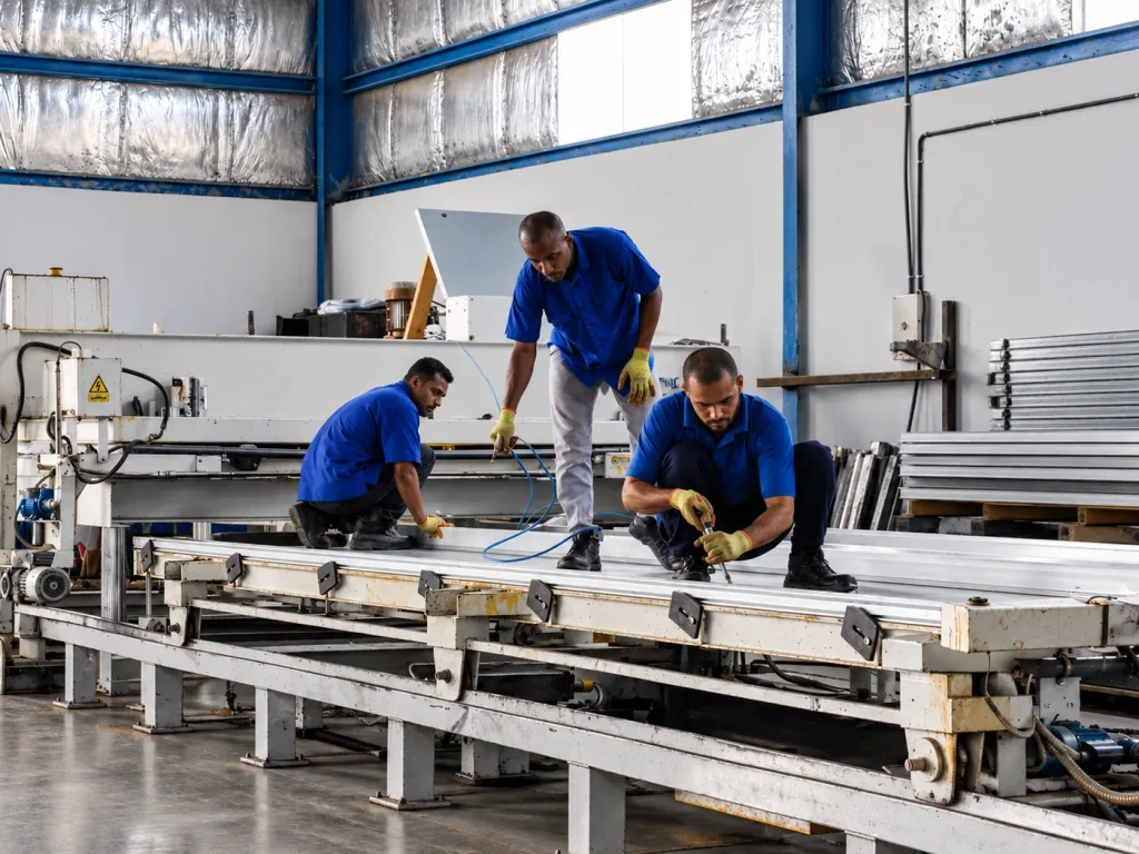 Swar Al-Gharbia technicians fabricating insulation panels in the workshop