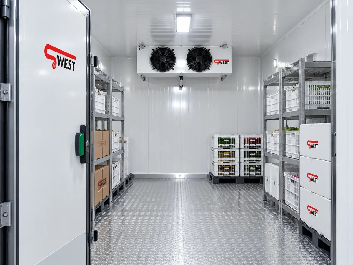 Cold room interior with storage racking and ceiling evaporators