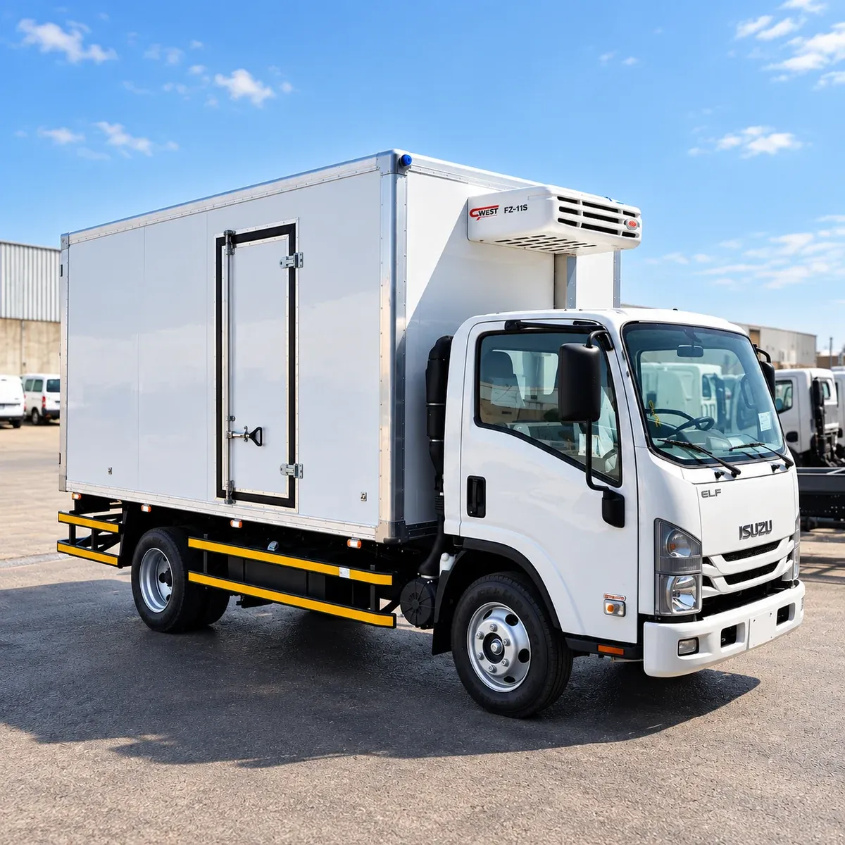 An Isuzu truck with an insulated box and a SWEST refrigeration unit