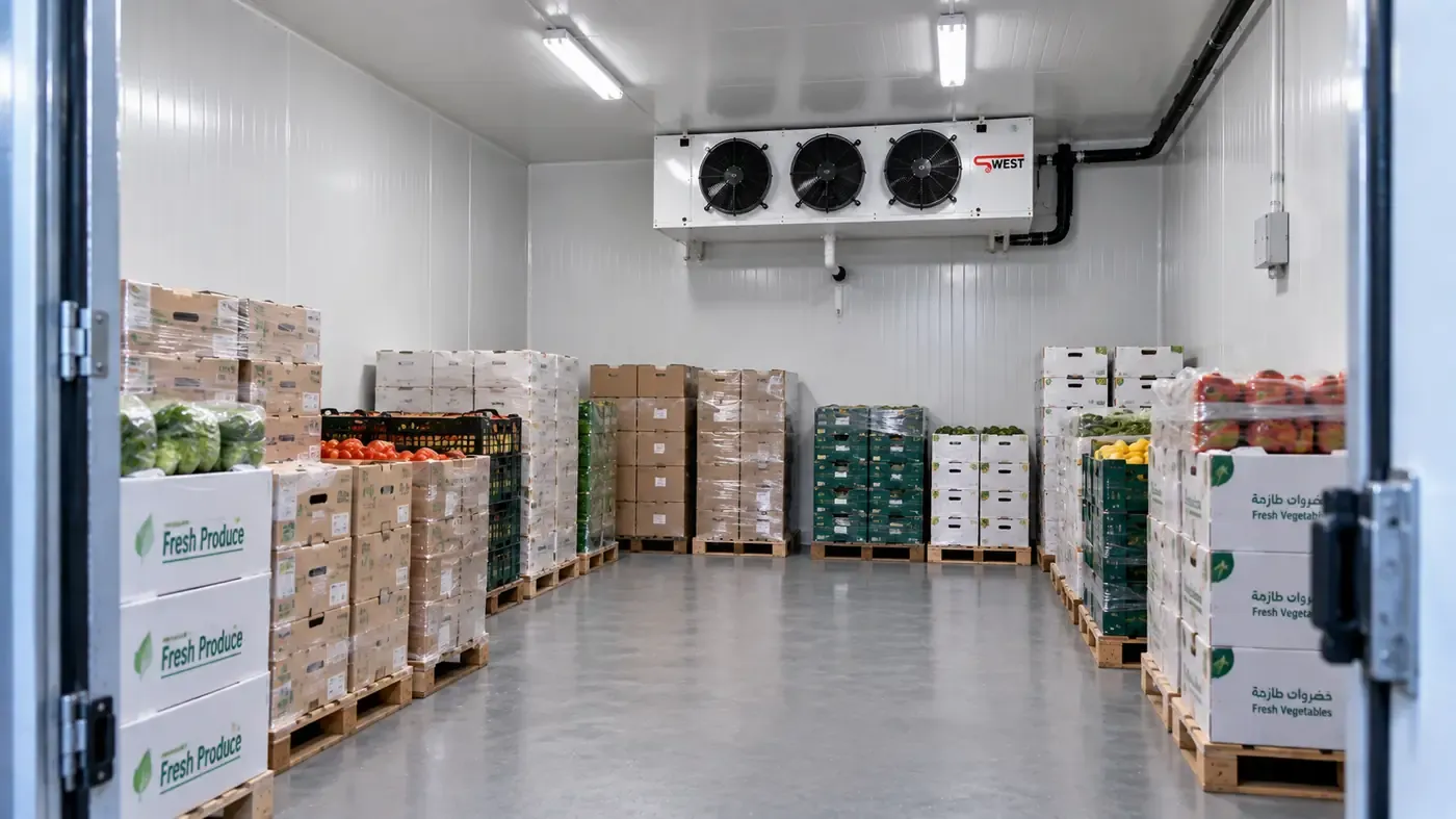 The same room in service: shelves loaded, temperature even from one end of the aisle to the other.