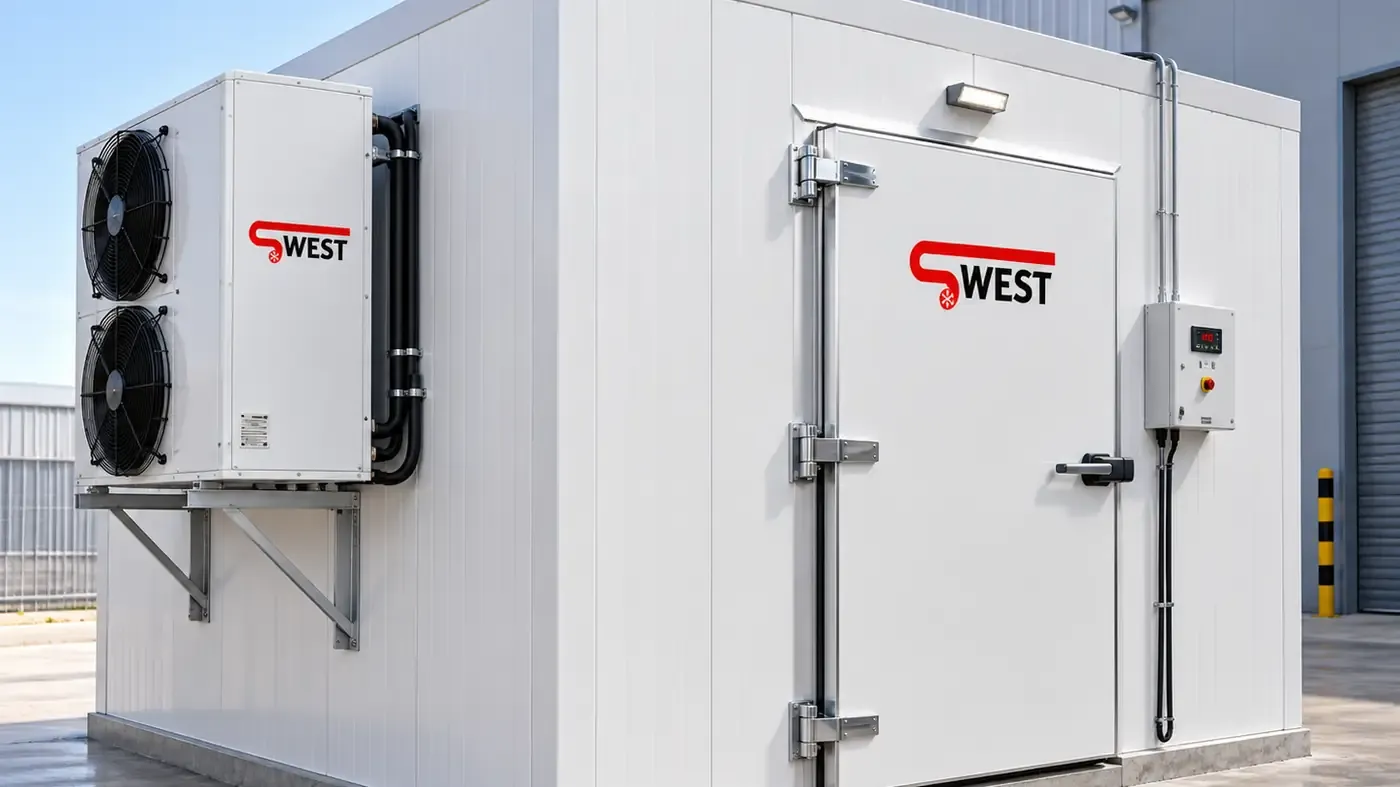 The condensing unit mounted on the room wall — its capacity comes from the calculated heat load.