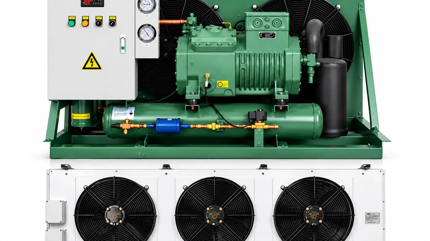 A condensing unit on the test rig: condenser and fans are checked before it goes back on.