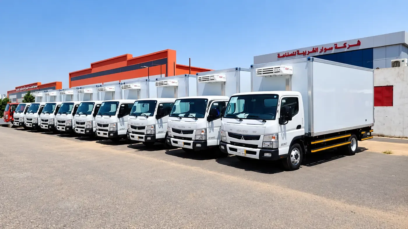 A fleet of refrigerated trucks in the handover yard once conversion and inspection are done.