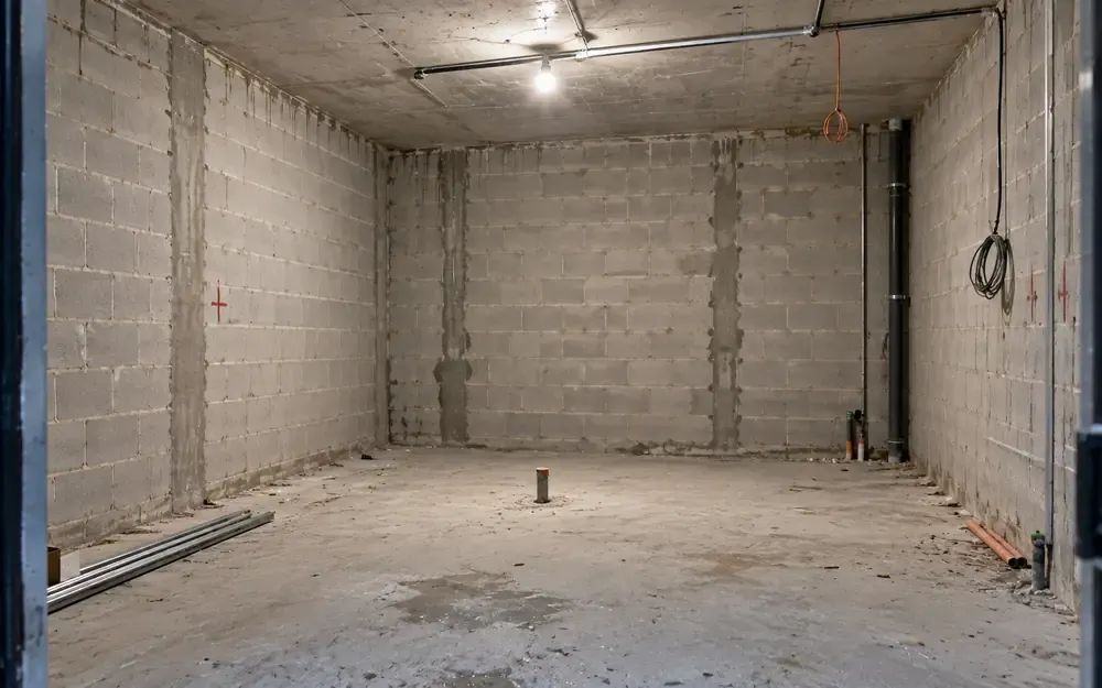 The room before work starts: bare concrete, no insulation, a floor that needs levelling and a vapour barrier.
