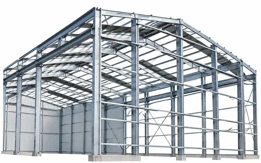 A steel frame before the panels go on — insulation is planned with the structure, not after it.
