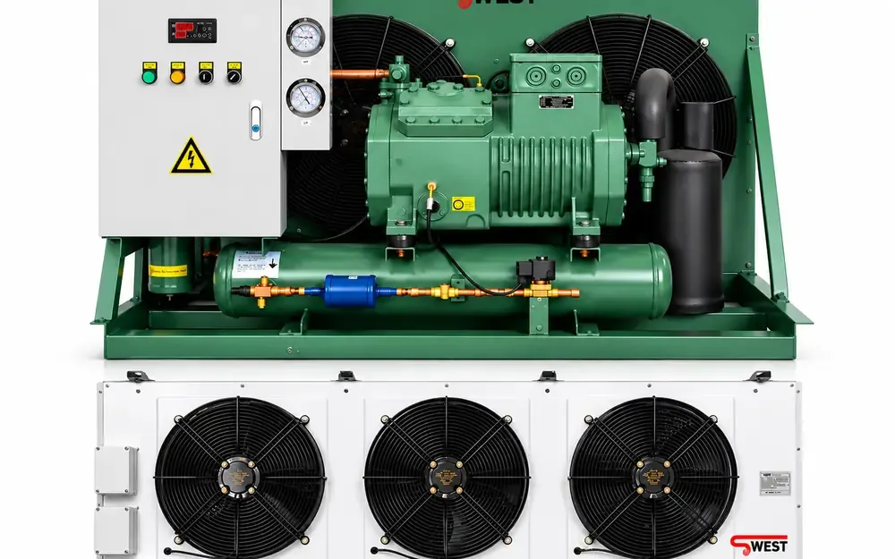 A condensing unit with its fan condenser — the model is chosen after the load calculation, not before.
