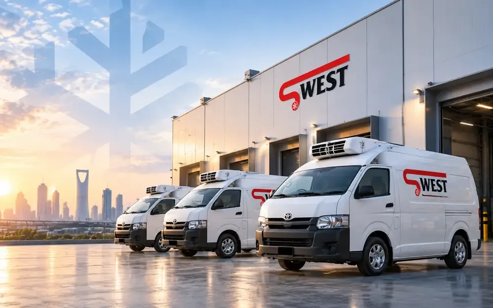 Refrigerated vans outside the Jeddah workshop, ready for handover once the operating range is documented.