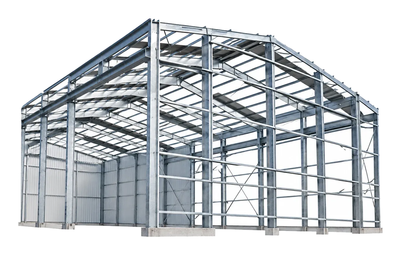 A steel warehouse hangar structure under construction